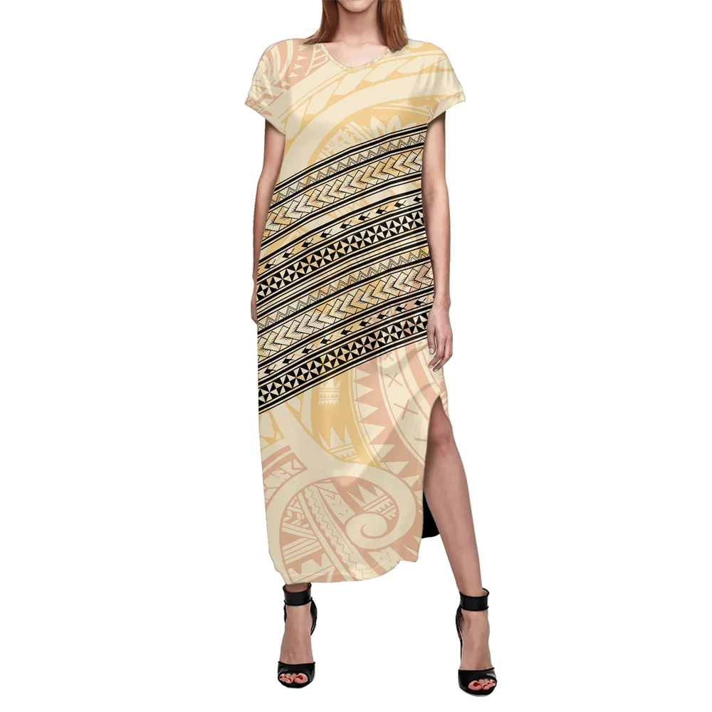 

Short Sleeve Side Split Loose Dress With Pocket Samoan Tattoo Designs Polynesian Tribal Casual T-shirt Dresses Women Summer 2022