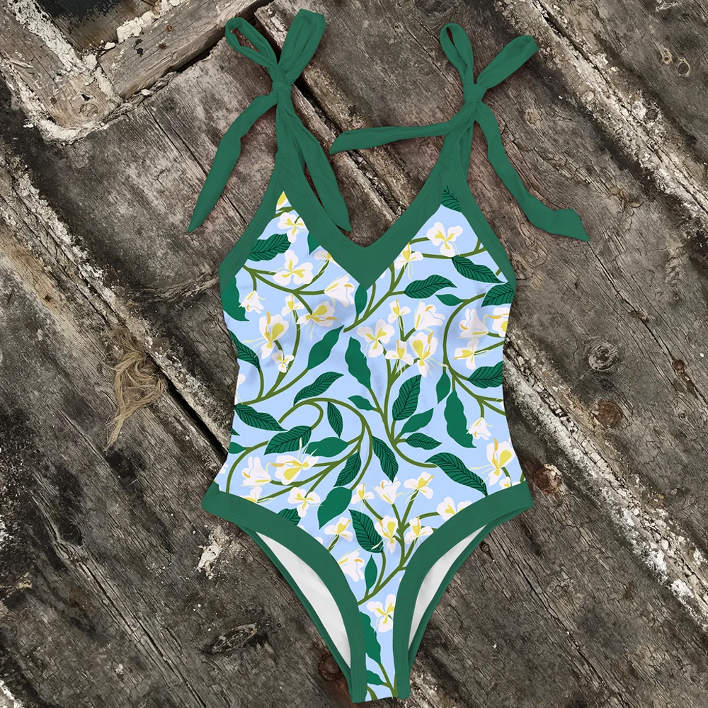 Слитный купальник с бантом и завязками на плечах абстрактным принтом монокини