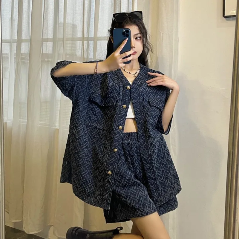 

Summer New Shirt Shorts Two Piece Sets Women's Clothing Korean Fashion Loose Casual Versatile Soft Denim Short Sleeve Tops Suit