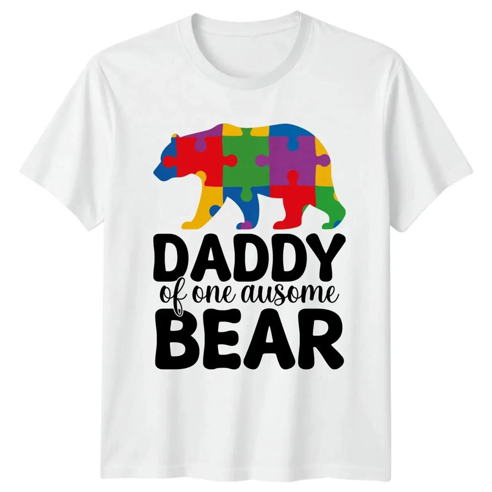 Фото Мужская футболка Daddy Of One Ausome Bear с принтом, винтажная, с эффектом потертости, эластичная, с изображением медведя, в поддержку аутизма, подарок на День отца №1