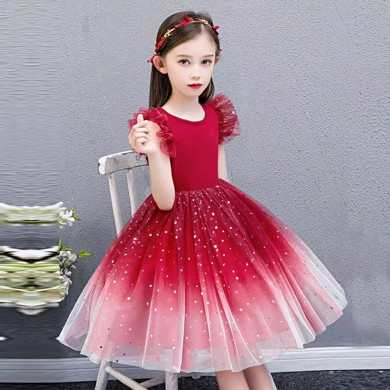 

Girls Dress Gradient Star Sleeveless Mesh Puffy Sweet Pageant Tulle Student Lace Wedding Party Birthday Children Princess Dress