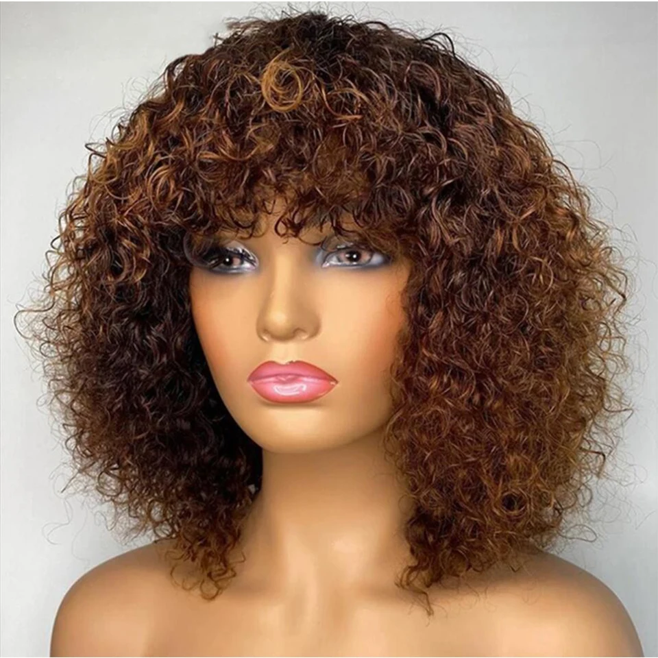 

Jerry Curly Short Pixie Bob Cut Human Hair Wigs With Bang Honey Blonde Ombre 99J Colored Non Lace Front Wig Pixie Cut Wig Remy