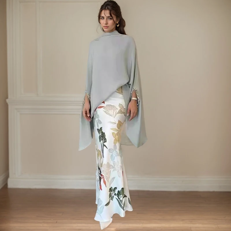 Винтажный длинный костюм High Street элегантный топ с рукавами летучая мышь блузка