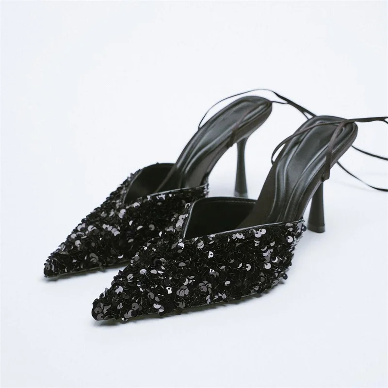 

ZRACK 2022 Summer Black Sequined Ankle Straps Sandals Women High Heels Womans Bling Slingback Pumps Elegant Pointed Toe Shoes