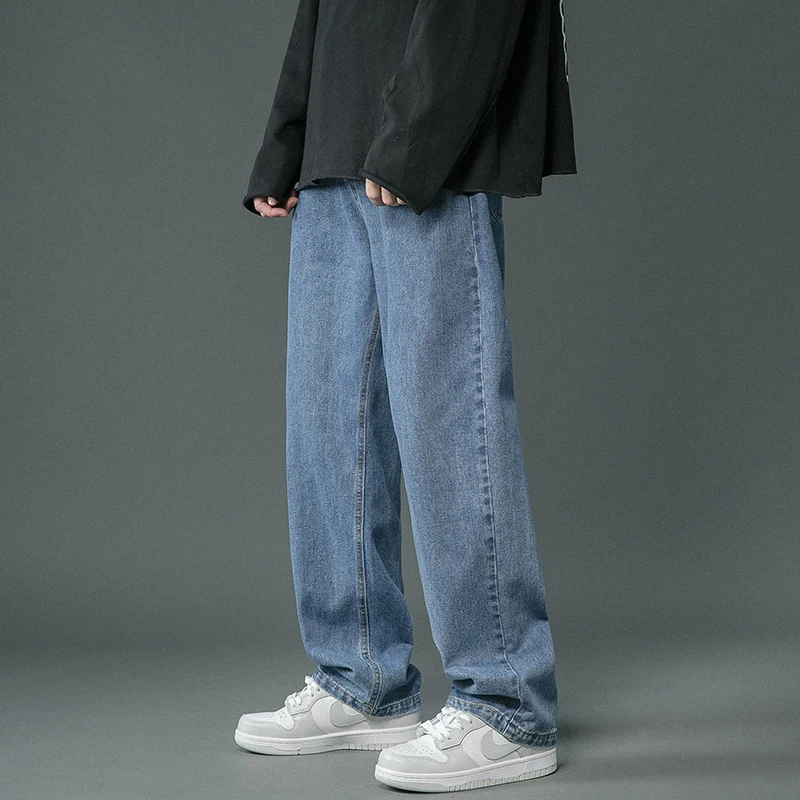

Джинсы мужские с нейтральными вставками, простые синие брюки, свободные штаны, модная уличная одежда в Корейском стиле, однотонные повседневные штаны, серые/белые/темные