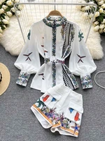 spring summer runway 2 piece set female lantern sleeve single breasted print blouse and pocket blet shorts outfits women