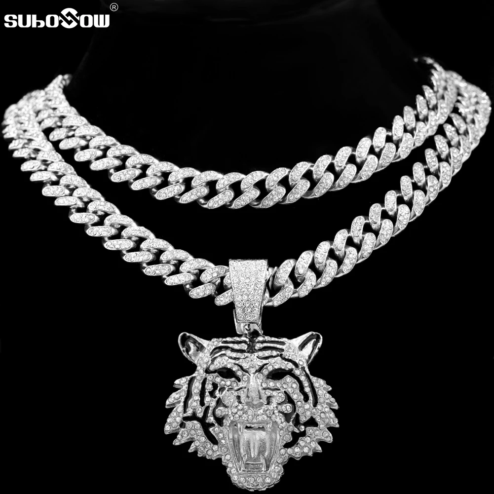 Hip Hop Iced Out Cuban Link Chains for Men Tiger Pendant Necklace Bling Crystal Cuban CZ Stainless steel Chain Necklaces Jewelry