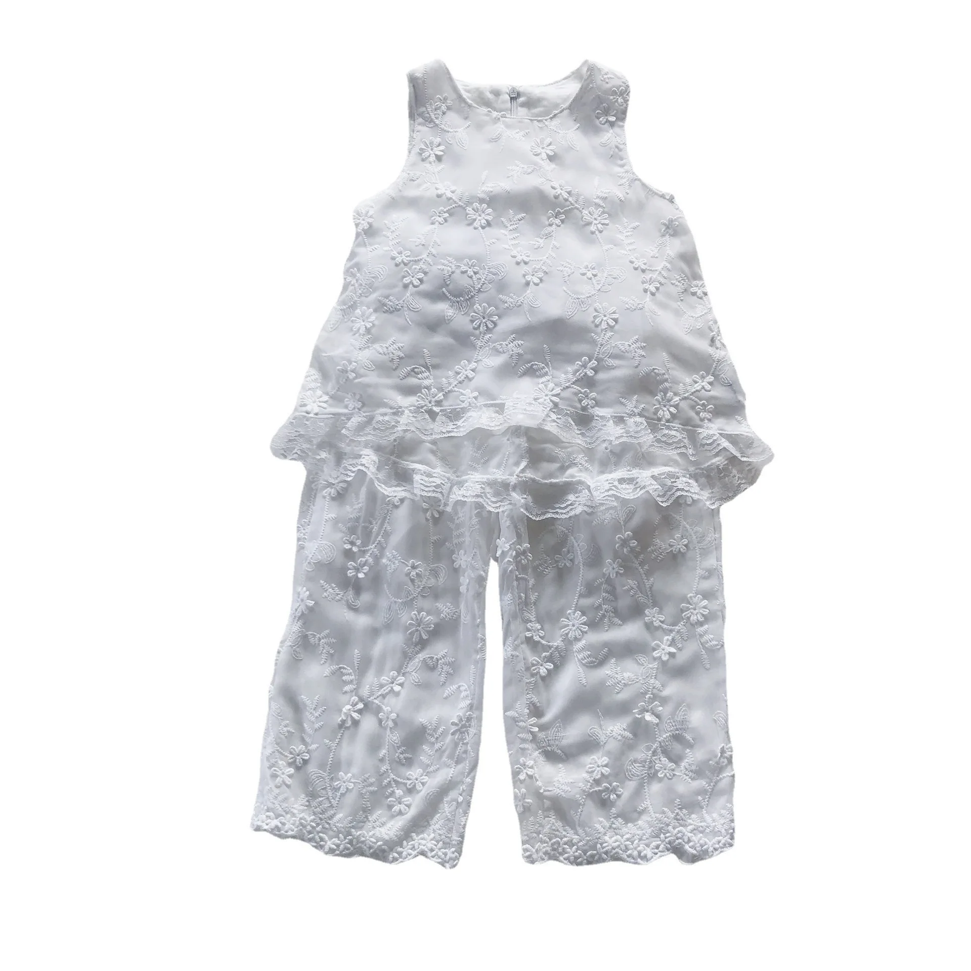 Freely Move 2PCS Baby Girls Clothing Sets Summer Sleeveless Kids Girls Clothes Lace Shirts+Pants Outfits Children Casual Suits