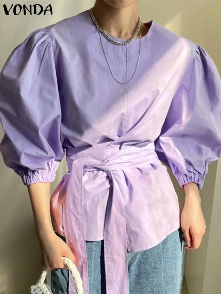 

VONDA Oversize Women Half Sleeve Crew Neck Blouse Female Solid Polyester Pleated Tunic Blusa Tops Shirts Female Casual Chemise