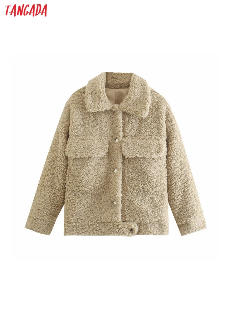

Tangada Women's Winter Teddy Jacket Oversized Warm Long Sleeves Pocket 2021 Ladies Thick Coat 8M22
