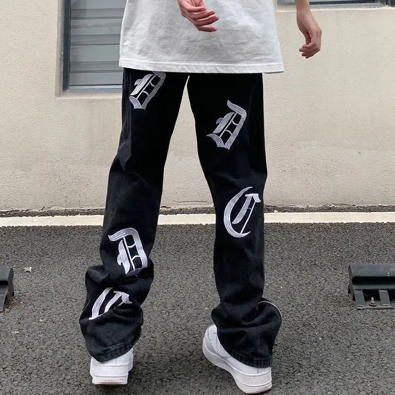 

Embroidered jeans men and women straight trousers 2022 spring new Korean high street vintage casual loose wide-leg pants trend