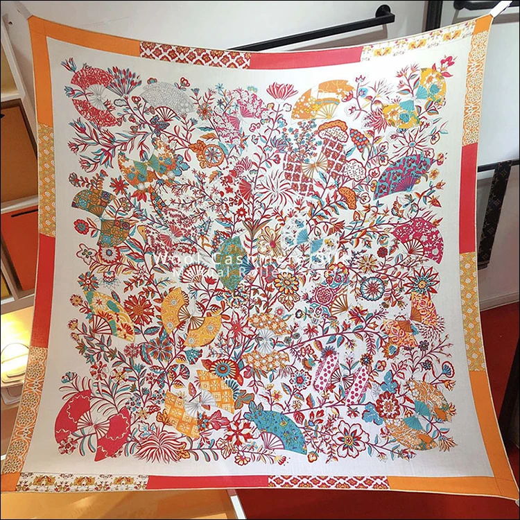

Flowe Print Giant Silk Wool Scarf Hem Roller Square Scarfs Branded Big Scarf For Women 140cm Stole Shawls Poncho Pashmina