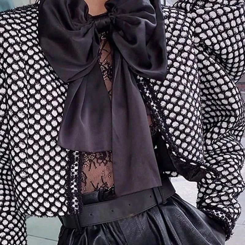 

New Plaid Coats For Women Butterfly Collar Puff Long Sleeve Ruched Short Streetwear Jackets Female 2022 Clothes Tide