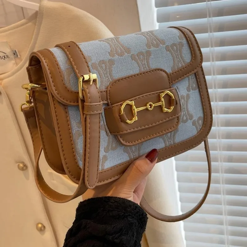 

Women's 2023 New Printed Spliced Shoulder Bag with Small Square Bag Minimalist Design Simple Crossbody Bag