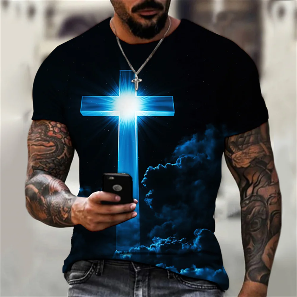 

Christian Mens Clothing T Shirts Oversized T Shirt Gothic Jesus Christ Cross 3D Print O-neck Tops Vintage Hip Hop Short Sleeve