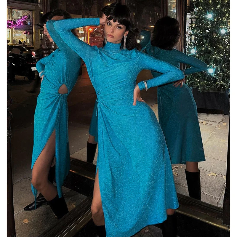 

Beach Dress For Women 2022 Summer Cover Up Turtleneck Split Hollow Out Sexy Autumn Long Sleeve Slim One Solid Polyester Swimsuit