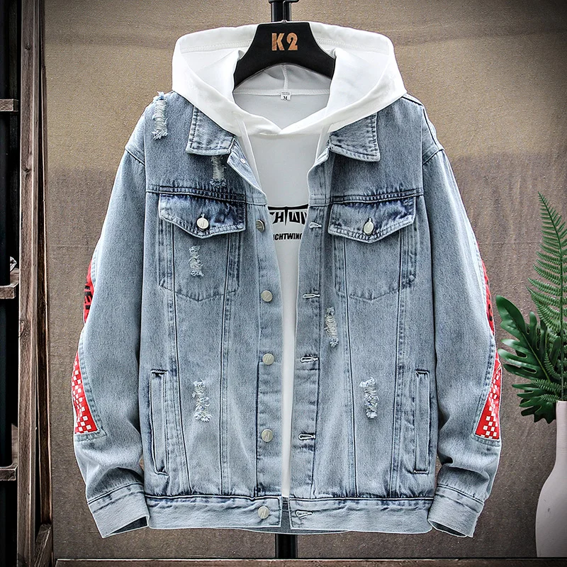 

Spring/autumn New Men's Handsome Fashion Printed Hole Men's Denim Jacket/high Quality Stretch Men's Denim Clothing