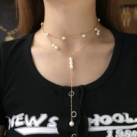bohemian multi layer long necklace for women freshwater pearls pendent high quailty copper gold plated clavicle chain jewelry