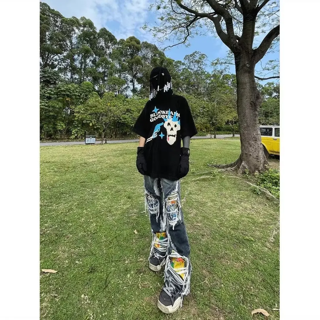 Embroidered jeans men's autumn straight tube loose high street fashion brand hole wide leg simple temperament Harlan couple pant