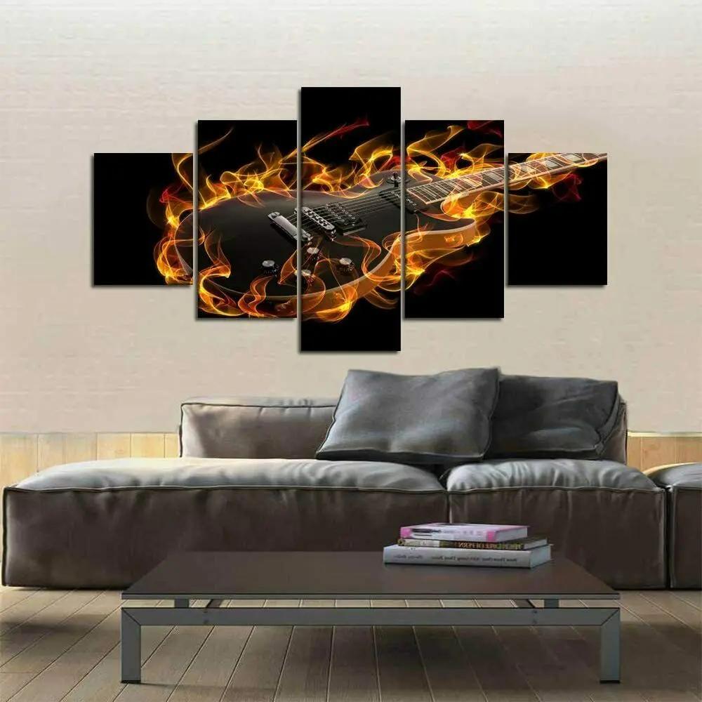 

5 Pieces Abstract Fire Guitar Music canvas Wall Art Print Poster Pictures Paintings HD Print Room Decor Home Decor 5 Panel