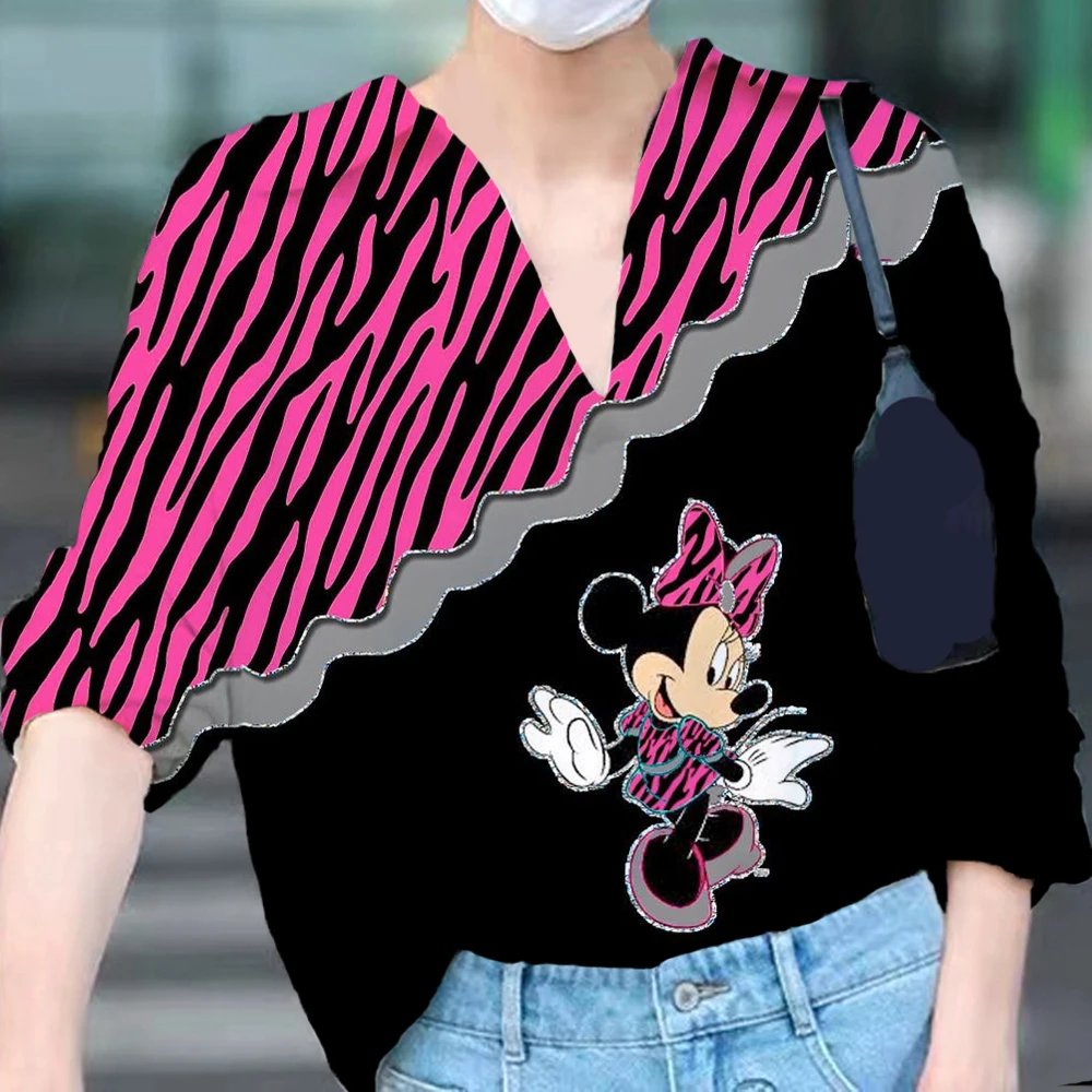 

Autumn Casual Polo Women New Long Sleeve Slim Polos Mujer V-Neck T-shirts Tops Disney Minnie Mickey Mouse Lady T-Shirt Femme