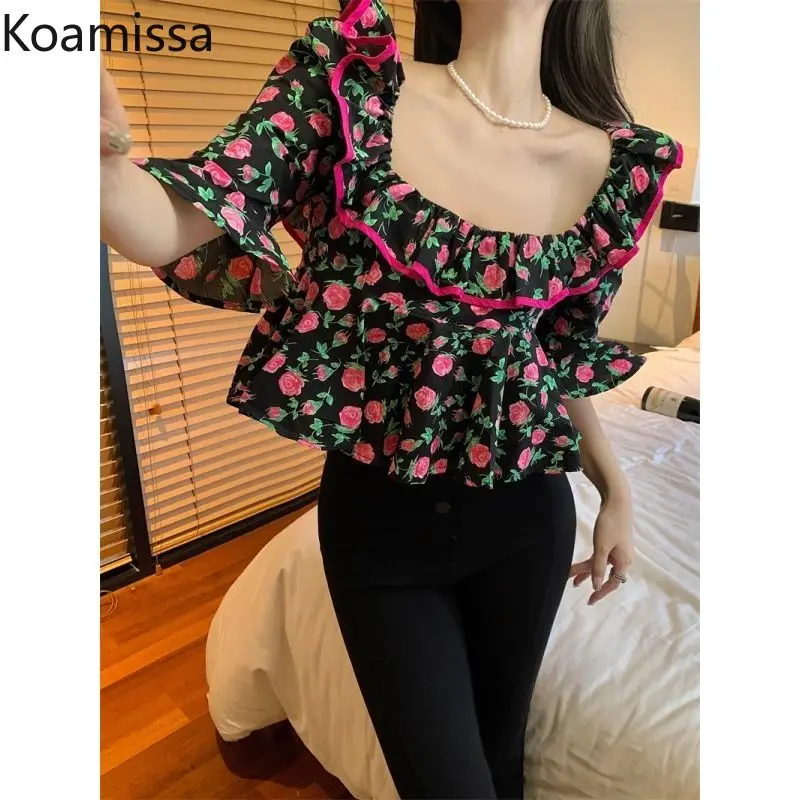 

Koamissa Ruffles Women Short Shirt Fashion Sweet Puff Sleeves Summer Floral Blouse Korean Loose Lady Blusas Korean Tops Droshipp