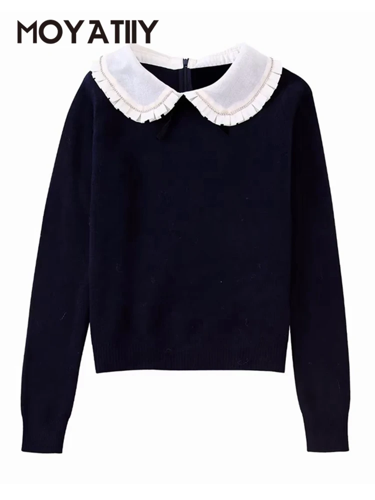 

MOYATIIY Women Fashion Winter Sweater Rhinestone Peter Pan Collar Knit Sweater Vintage O Neck Long Sleeve Female Pullovers