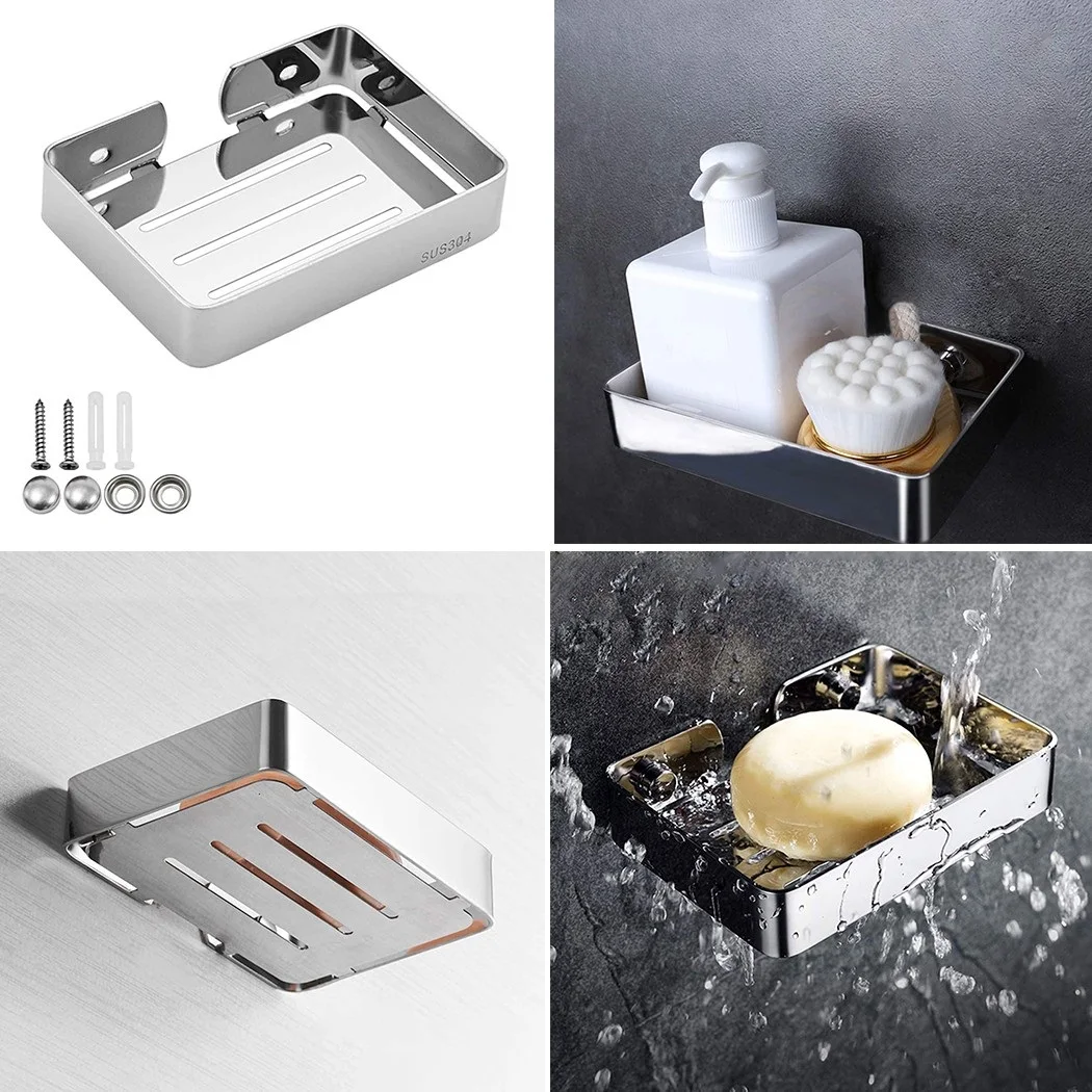 

Stainless Steel Soap Dish Storage Soap Rack Plate Box Container Wall Storage Rack Holder Sponge Holder Bathroom Storage Rack
