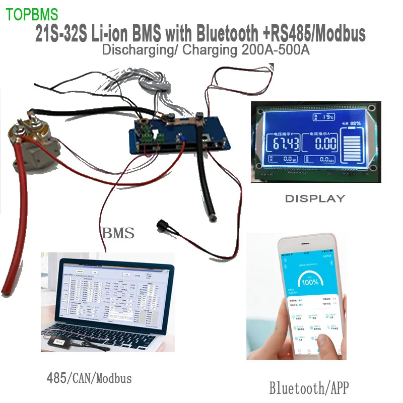 TOPBMS 3.7V BMS 26S 96V 27S 28S 100.8V 30S 108V 32S 118V 200A 500A  Bluetooth RS485 Modbus Lithium Battery EBIKE ECAR