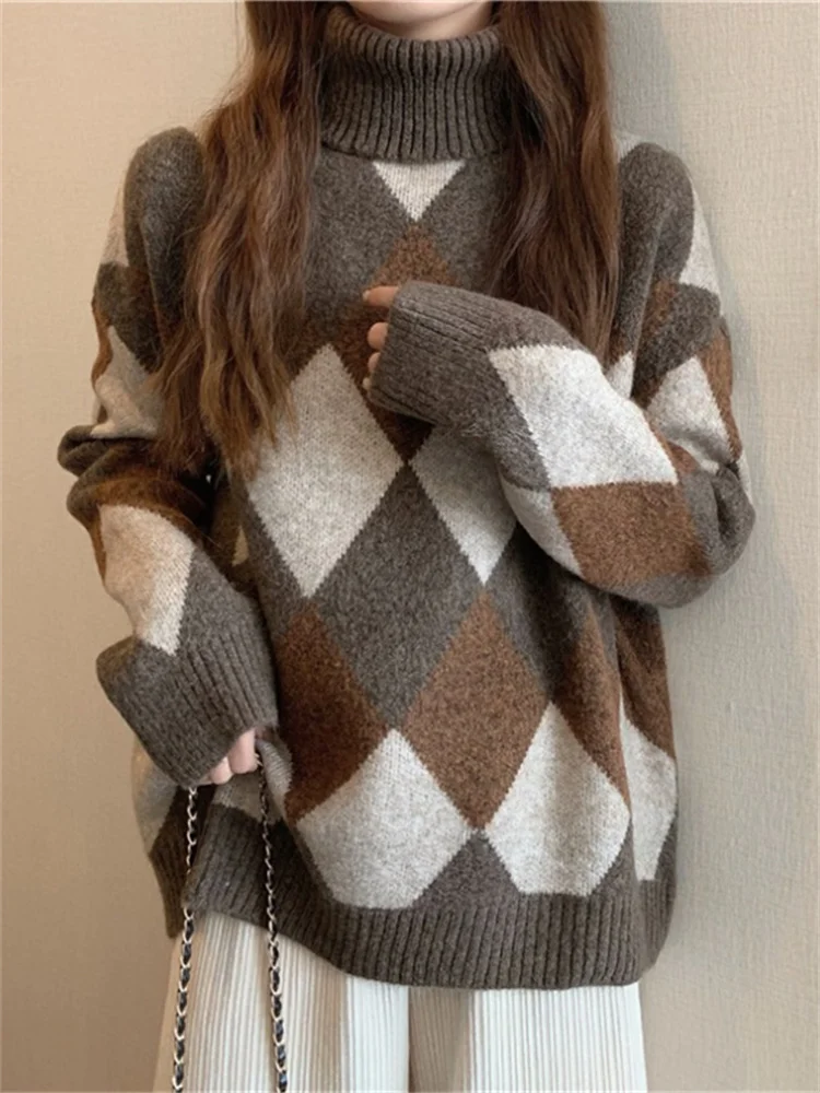 

Winter Knitted Sweater Women Vintage Argyle Pattern Pullover Female Korean Loose Casual Thick Warm Turtleneck Jumper Tops