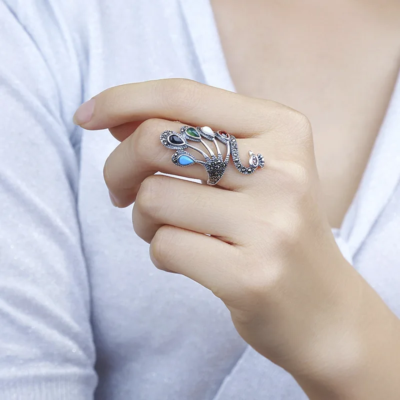 

925 Sterling Silver Peacock Ring Female Retro Exaggerated Opening Phoenix Index Finger Ring Women Stones Temperament Accessories