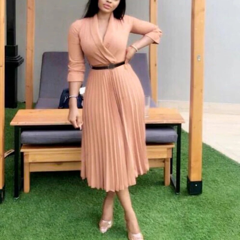 

Elegant Work Business Office Dress Mid-length Style 2021 Autumn New African Lady Vestido Pure Color High Waist Pleated Dress