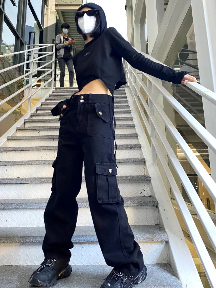 

Fashion Baggy Cargo Jeans Pant Women Autumn Winter Y2k High Waist Straight Trouser Female Harajuku Pocket Black Pants