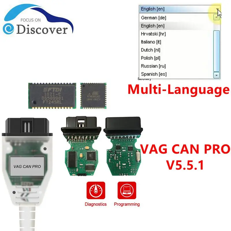VCP диагностический сканер V5.5.1 для VAG CAN PRO FTDI FT245RL чип OBDII CAN BUS UDS K-Line для AUDI для VW несколько языков