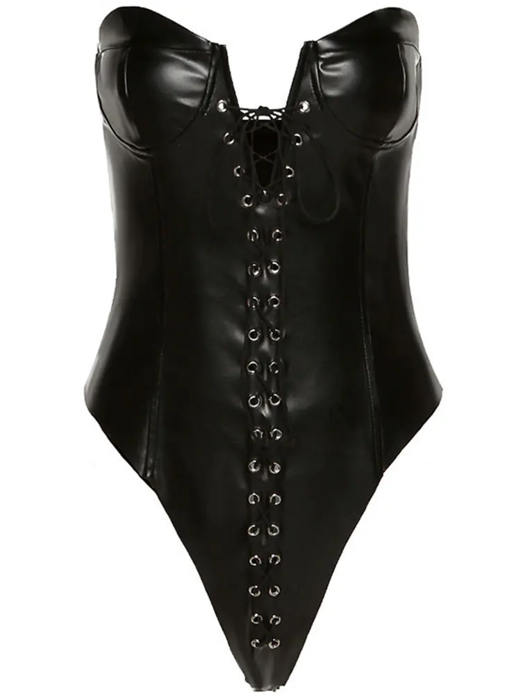 

Женское кожаное боди Kalevest Y2K, черное Бандажное боди, сексуальное облегающее боди с открытыми плечами, прозрачное боди на шнуровке, 2023