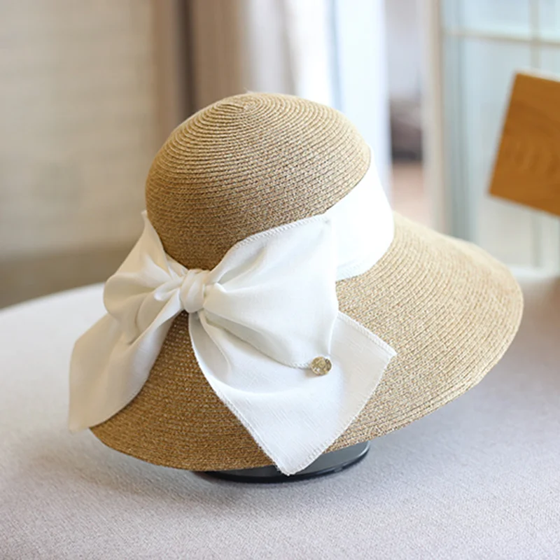 

Handmade Women Summer Sun Hat Beach Straw Nature Black White Bow Ribbon Cap Temperament Flat Collapsible Outdoor