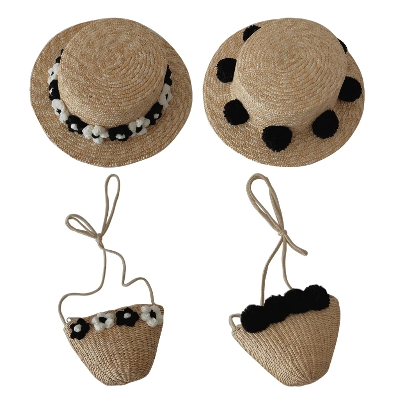 

Girl Kid Hat Summer Wide Brim Beach Hats Shoulder Bag with Flowers/Pompom Decorations for 2-5 Years Toddlers