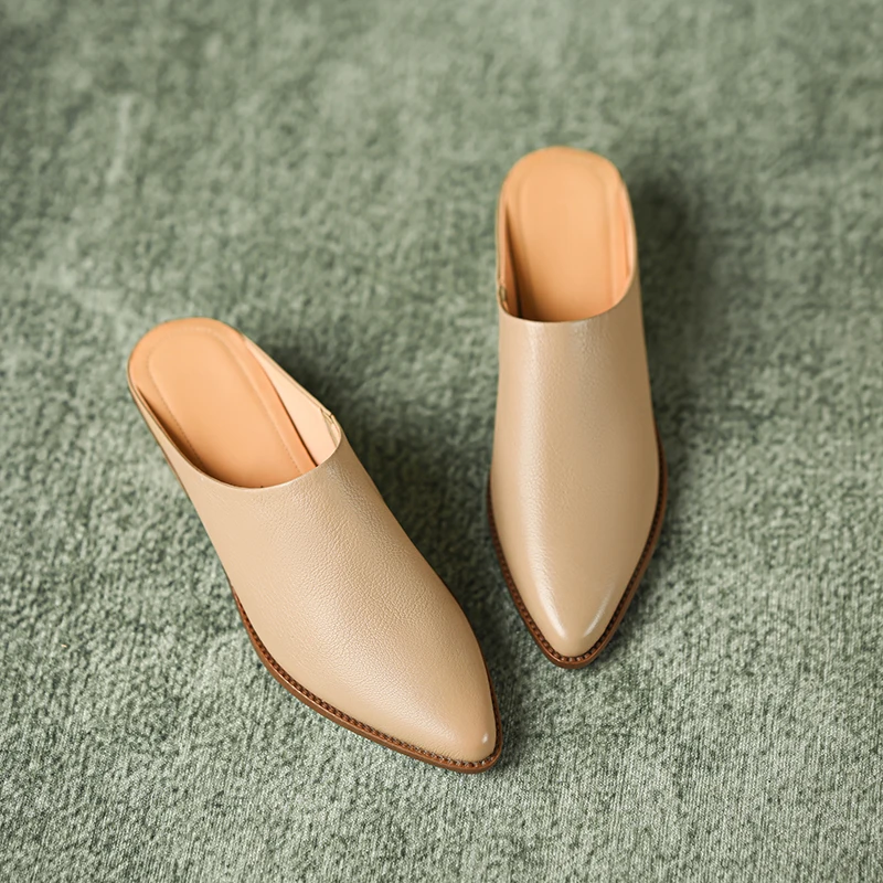 Женские босоножки без задника однотонные сандалии из натуральной кожи с острым