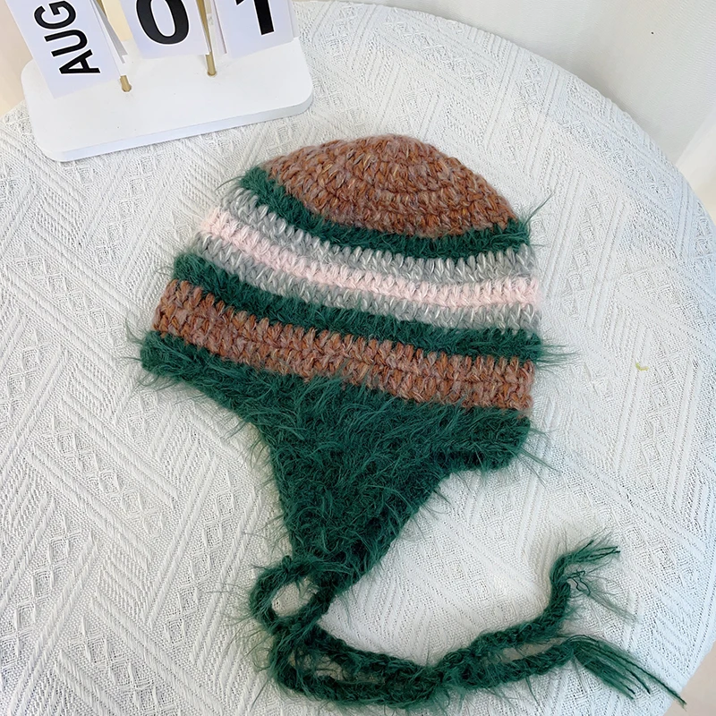 

Japanese Carochet Women Winter Mink Hair Knitted Hat Thicken Plus Earmuffs Beanie Hat Handmade Soft Warm Bomber Earflap Hat