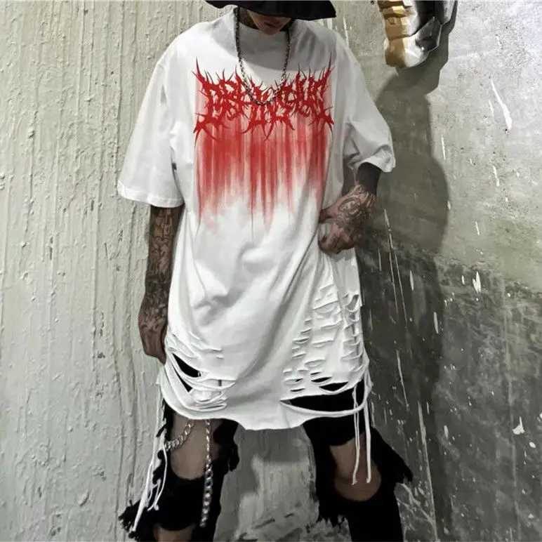 

High Street Hip Hop T-Shirt Man Summer New Fashion Printed Tee Shirts Destroy Oversize Tshirt Graphic Hip Hop Streetwear White