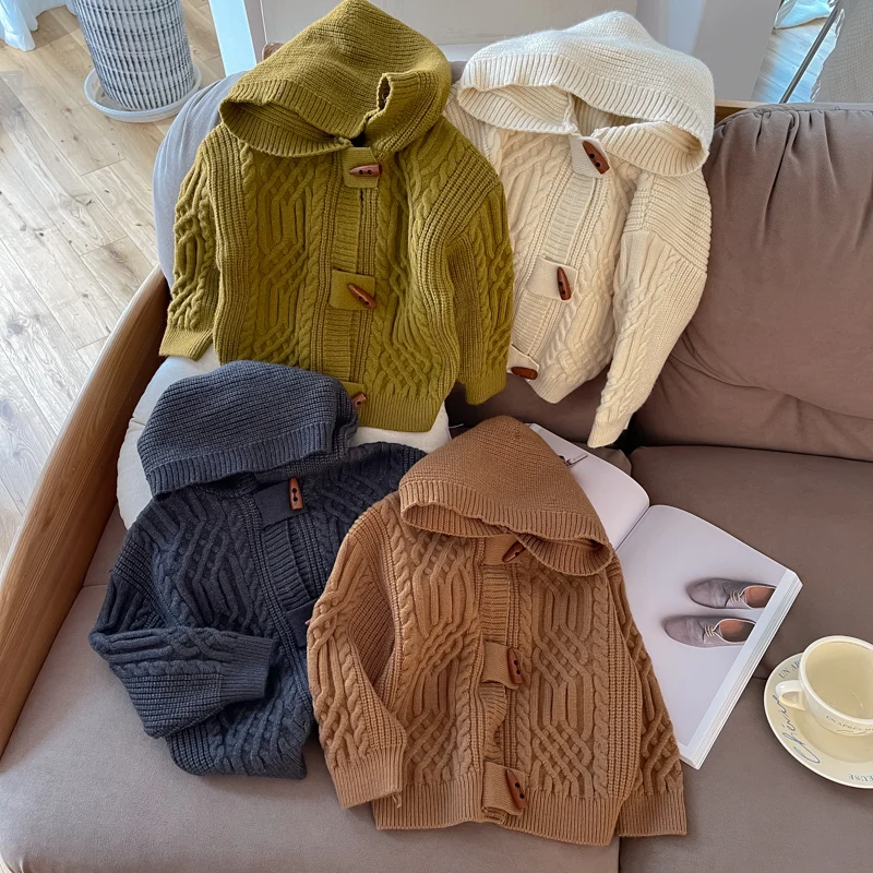 

Autumn Winter 2-8 Girls Hooded Cardigan Single Breasted Boys Knitted Sweaters Solid Color Korean O-neck Horn Button Kids Clothes