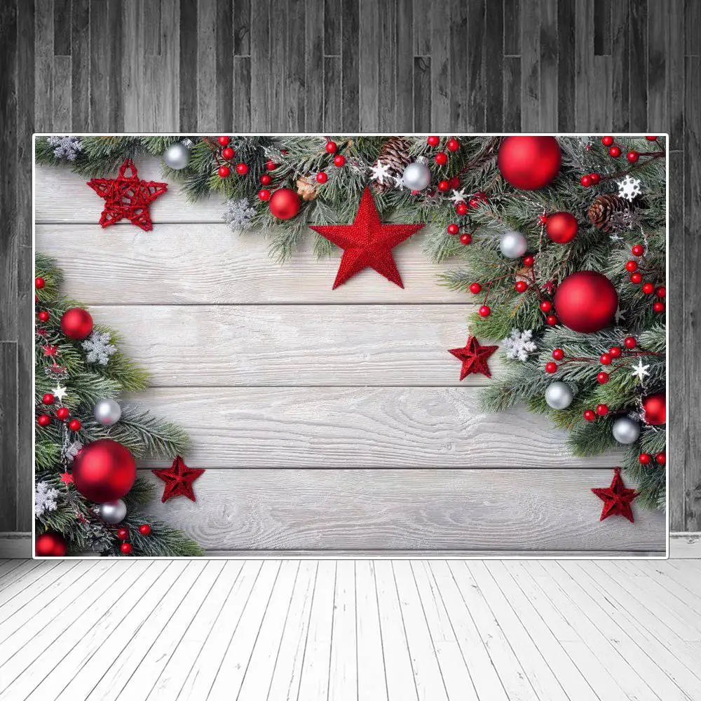 

Christmas Pine Twigs Balls Stars Wooden Planks Boards Photography Backgrounds Custom Baby Party Decoration Photo Booth Backdrops