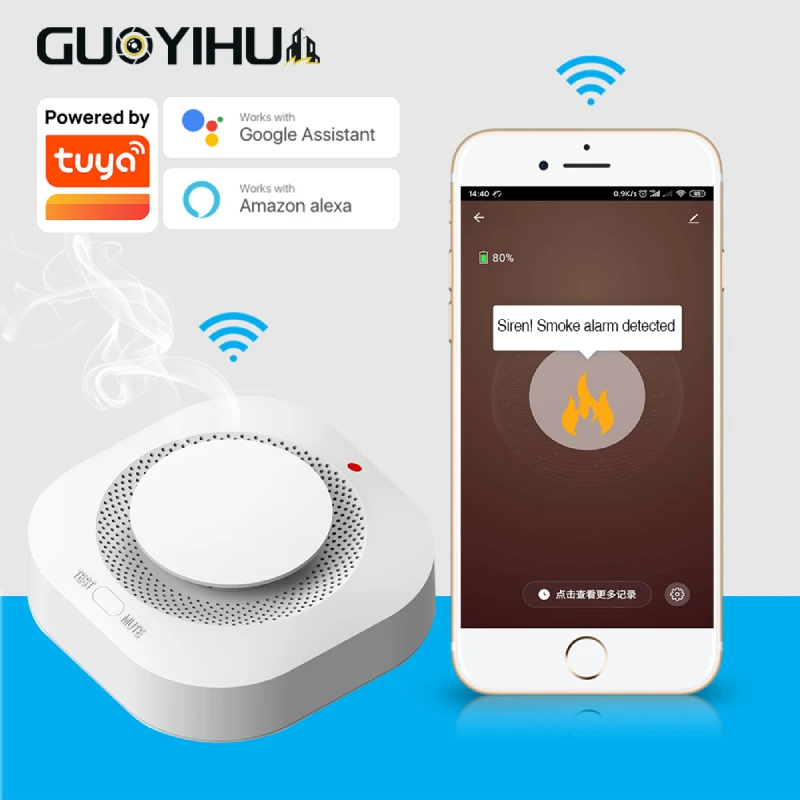 

GUOYIHUA Tuya WiFi Smart Smoke Detector 90DB Alarm Fire Smart Smoke Detector Wifi Fire Protection Home Security Smoke Alarm