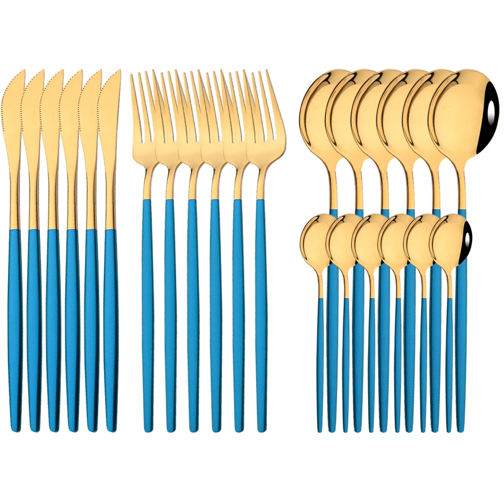 Набор столовых приборов 24 шт. голубой и золотой зеркальный столовый нож вилка