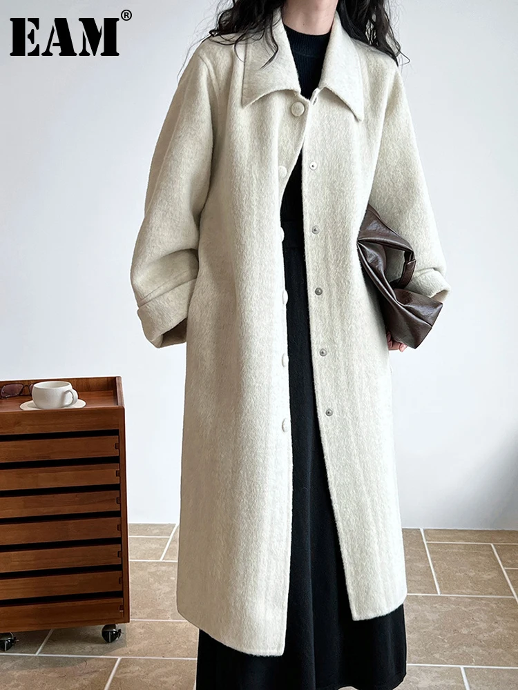 

[EAM] свободное бежевое длинное элегантное шерстяное пальто большого размера, новая женская куртка с отворотом и длинным рукавом, модная осенне-зимняя 2023 1DH2513