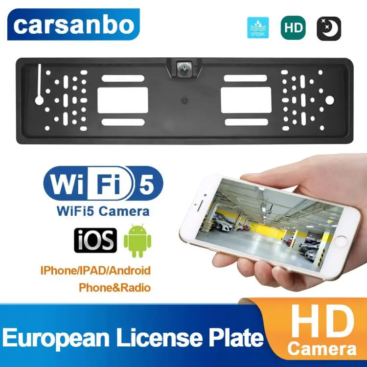 

Carsanbo WIFI Автомобильная камера заднего вида Европейского висячего типа, передний вид, беспроводная рамка номерного знака автомобиля, камера заднего вида для IOS/Android