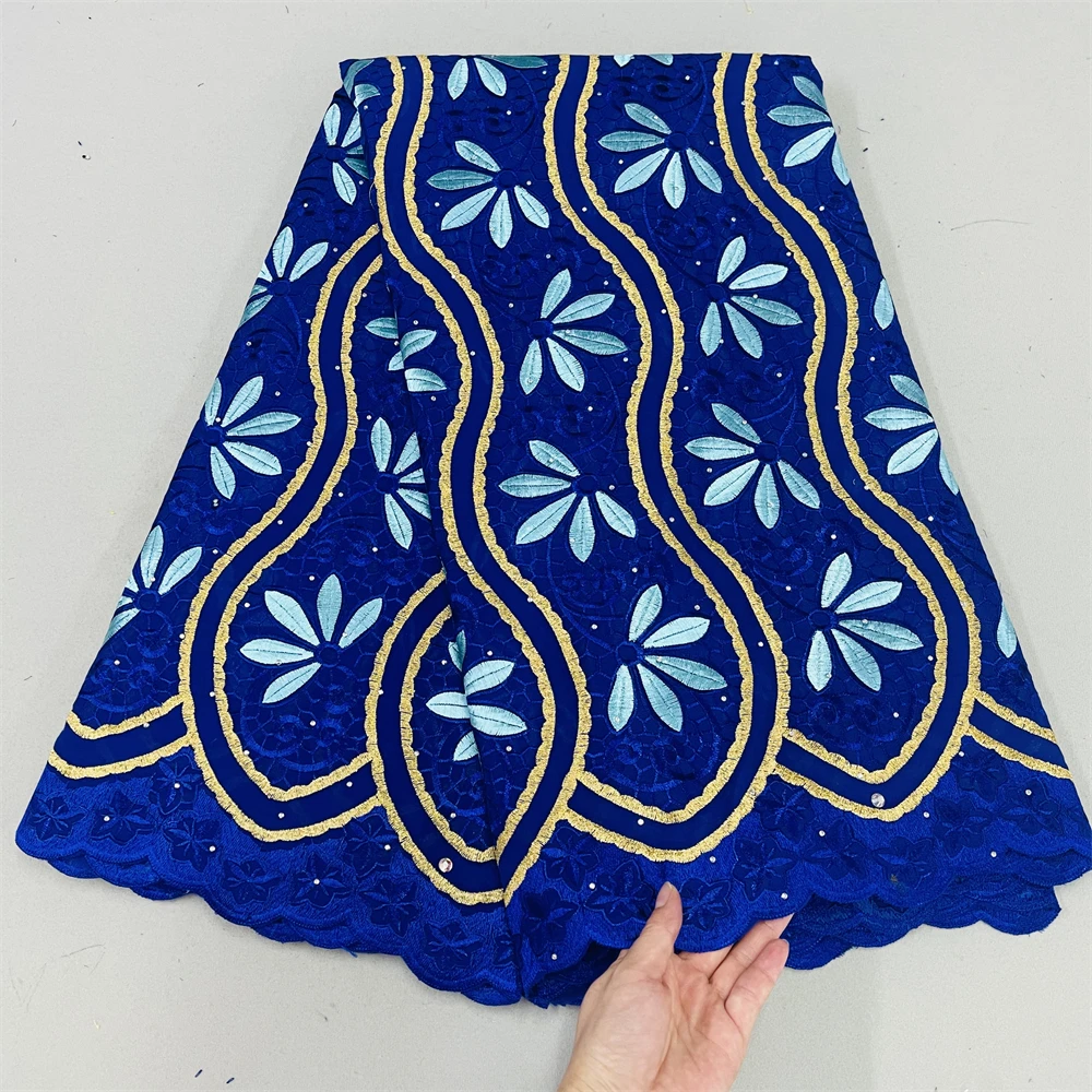 High Quality Flower African Lace Fabric Blue Swiss Voile 100% Cotton Lace Embroidered Nigerian Cotton Lace For Wedding 5 Yards