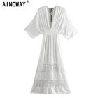 Винтажное шикарное женское белое кружевное лоскутное пляжное богемное Макси-платье с глубоким V-образным вырезом и эластичной талией, платье в стиле бохо