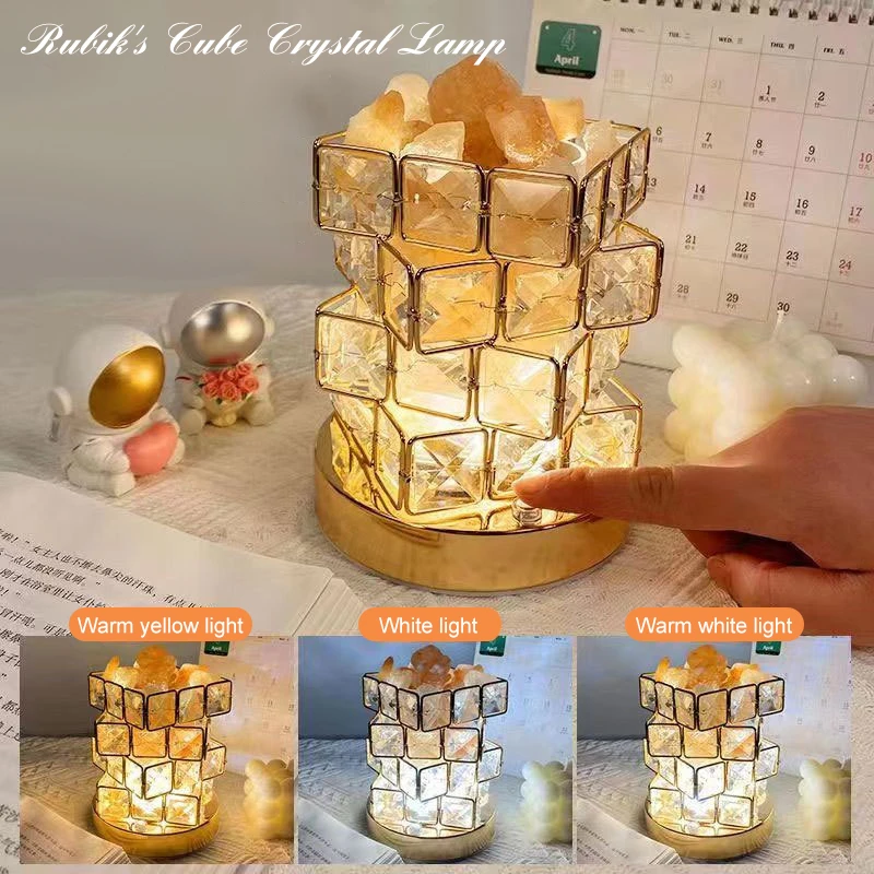 

Crystal Salt Ore Lamp Rubik's Cube Creative INS Table Lamps USB Bedroom Bedside Night Light for Desk Decoration Birthday Gifts