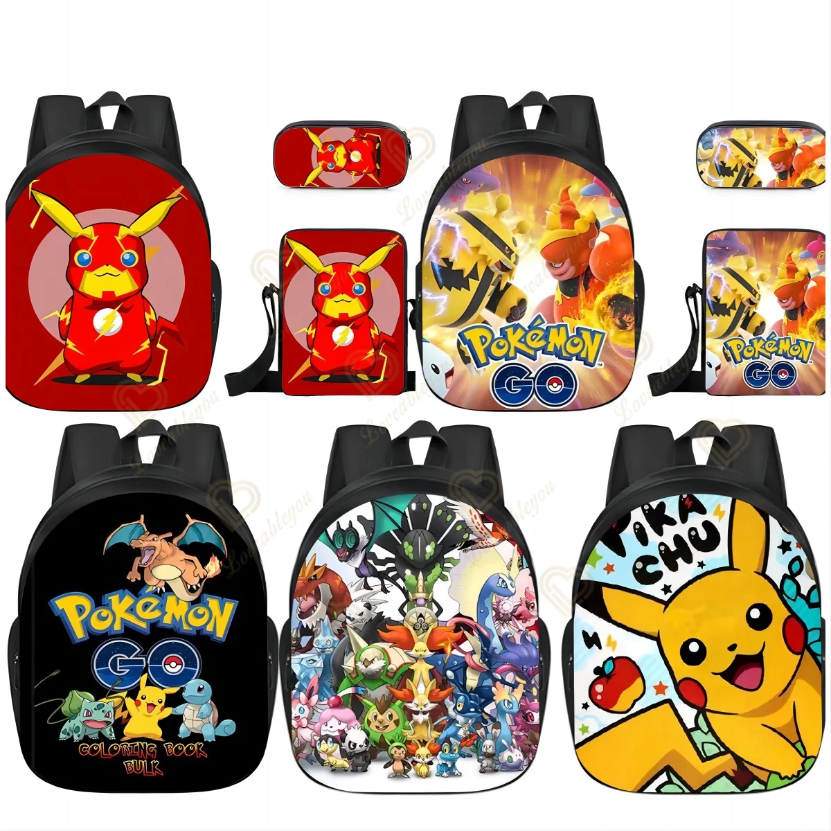 

Anime Pokemon Schoolbag Set Kids Cartoon Children Pikachu Charizard Eevee Gengar Figures Backpacks for Teenager Boys Girls